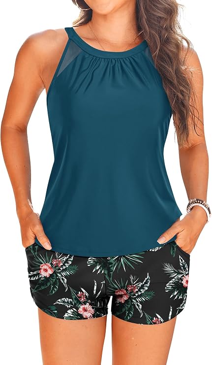 Tankini Bathing Suit with Shorts - Two Piece with Pockets High Neck | High neck tankini offers coverage and comfort. Side pockets for keys or other essentials. Adjustable straps for a custom fit