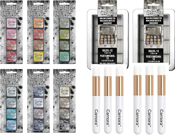 Tim Holtz Mini Distress Oxide Inks, Kits 1-6, 2 Tins, Carnora Blenders | 24 Colors, 24 Ink Cubes 2 Organizing Tins, 6 Carnora Blending Brushes