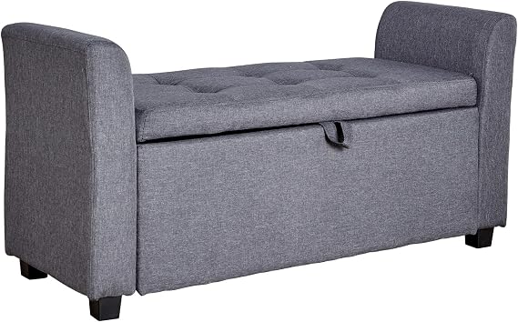 Home Source Storage Ottoman Window Seat, Fabric Footstool Bench, Lift Up Lid Chest, Bedding Blanket Toy Box, 120cm, Dark Grey Linen