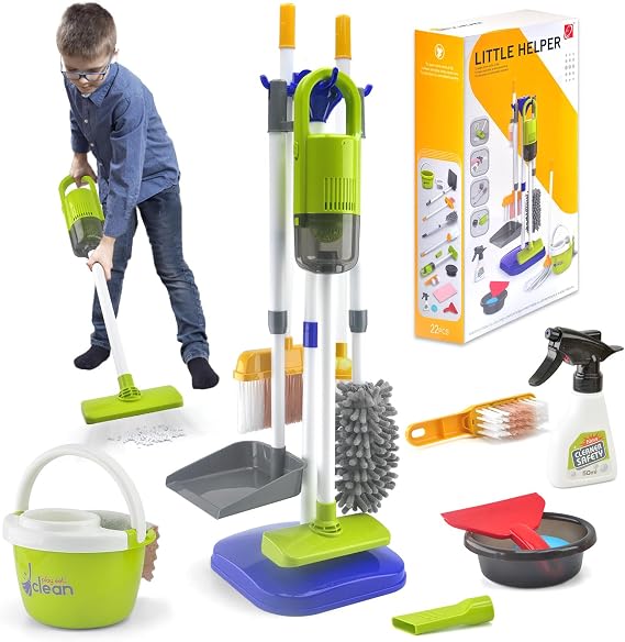 Toddler Cleaning Set, Kids Cleaning Toy Set with 2 in 1 Kids Vacuum that Really Works, Mop, Broom, 14Pcs Pretend Play Home Cleaning Playset for Toddler Ages 3+, Birthday Gift for Girls Boys (Blue)