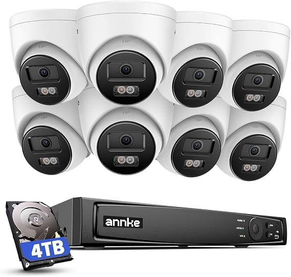 ANNKE 16CH 4K PoE Security Camera System, 12MP H.265+ NVR with 4TB HDD, 8X 4K/8MP IP Wired Outdoor Cams, AI Human Vehicle Detection, Spotlight Color Night Vision, Built-in Mic, Compatible with Alexa