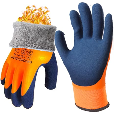 1 Pair Waterproof Thermal Winter Work Gloves Polar Fleece Liner Superior Grip Double Latex Coating for Garden Logistics Warehousing Cold Weather Outdoor Activities (Orange, L/9')