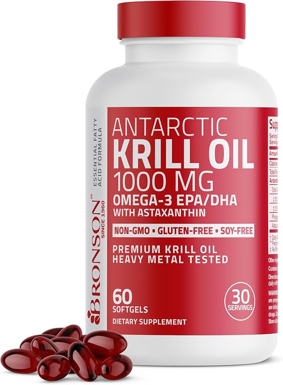 Bronson Antarctic Krill Oil 1000 mg with Omega-3s, 60 Softgels | Heavy Metal Tested, with EPA, DHA, Astaxanthin and Phospholipids, Non-GMO, Gluten Free, Soy Free