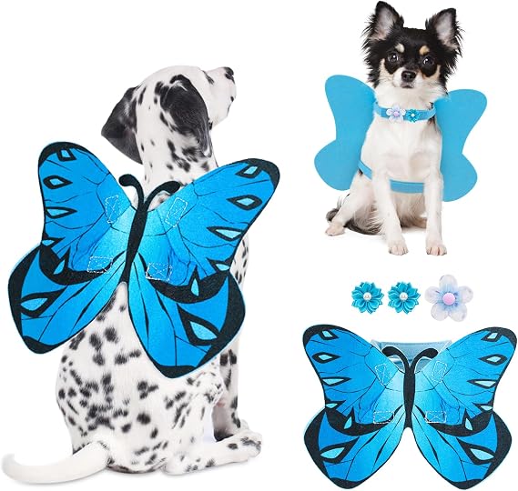 Dog Costume Butterfly Wing for Dogs Cats Dog Halloween Costumes for Small Medium Large Dogs, Cat Fairy Wings Pet Costumes for Christmas Puppy Clothes Outfit with 3PCS Flowers Halloween Decorations