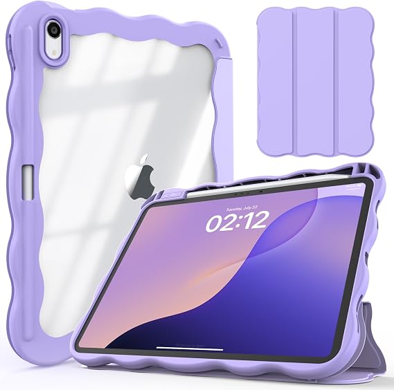 Case for iPad (A16) 11th Generation 11 Inch 2025, iPad 10th Generation 10.9 Inch 2022, Wave Border Leather & Clear TPU Back Cover with Pencil Holder, Support Touch ID, Purple
