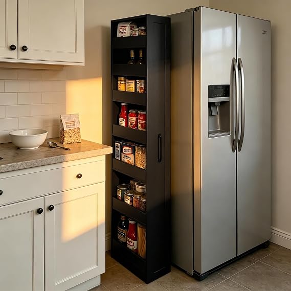 JOYSOURCE Narrow Rolling Storage Cart 8 inch Pull-Out Rack Black Pantry | 71'' Tall, Slim, 7-Tier, Next to Fridge Cabinet on Wheels, Slide-out Skinny Spice Shelf for Kitchen, Laundry Room