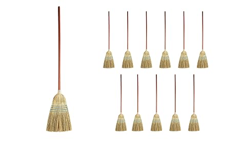 Rubbermaid Commercial Products Heavy-Duty Corn Broom, 1 1/8-Inch Wood Handle, Blue, Indoor/Outdoor Broom for Courtyard/Garage/Lobby/Mall/Office, Pack of 12