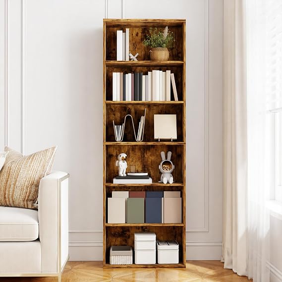 Levede 6-Tier Bookcase, Tall Bookcase, Wooden Bookcase, 178.5 cm Tall, Modern Open Storage Shelf for Home and Office, Brown