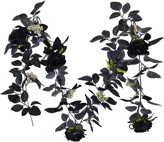 BFYDOAA 180cm Artificial Black Rose Vine Halloween Hanging Rose Flower Garland with Berries for Table Centerpiece,Fireplace Door Frame Backdrop Decor