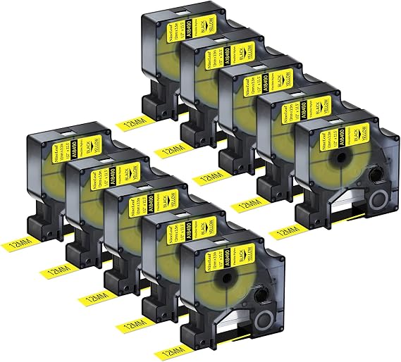 NineLeaf 10 Pack Compatible for DYMO Rhino 18490 Black on Yellow 12mm Flexible Nylon Industrial Label Tapes 1/2" x 11.5' for Rhino 5200 4200 1000 3000 5000 6000 Label Makers | Yellow Label Compatible for DYMO Label Maker Refills 18490 1/2" x 11.5' for Industrial Rhino 4200 1000 3000 5000 6000