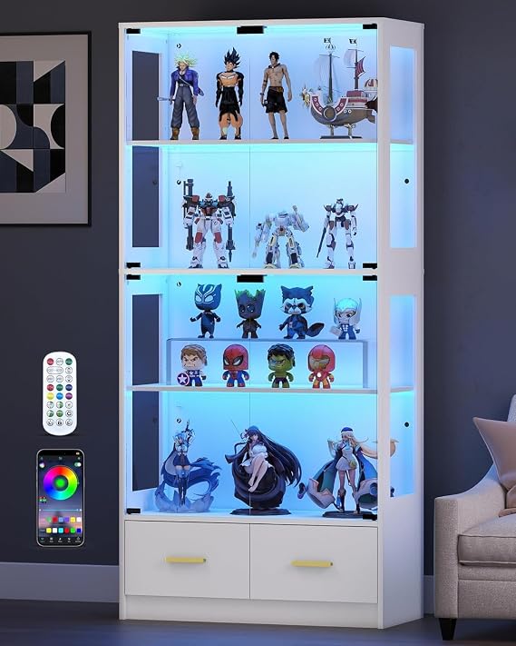 67" Display Cabinet with Glass Doors and 2 Drawers | White | RGB LED Lights, Pop-Up Glass Doors, Adjustable Shelves, Anti-Tip Design