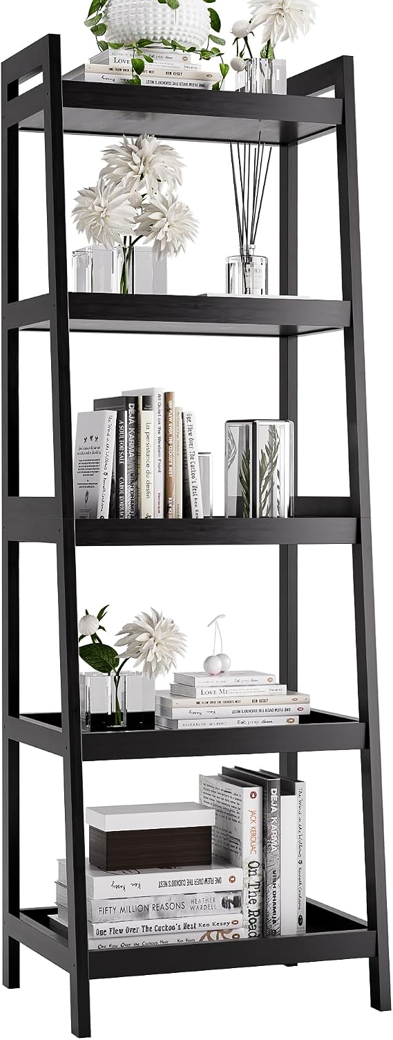 Bookshelf, 5 Tier Ladder Bookcase with Bamboo Frame, Freestanding Tall Narrow Display Plant Shelf for Living Room, Kitchen, Bedroom, Balcony, Black
