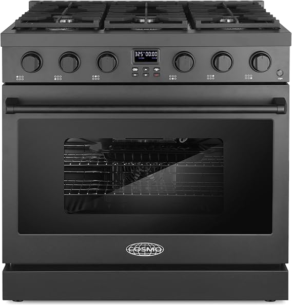 36 in. Lumin Coll 6.1 cu. ft. 6 Burner Gas Range, Convection, Matte Black | Cosmo COS-GRC366KB-BK Sealed Burners, 6 Oven Function, Digital Display with Timer, Cast Iron Grates, LP Convertible