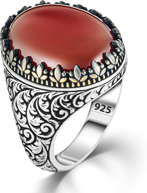 Solid 925 Sterling Silver Ring for Men Red Agate (Aqeeq) Men's Ring Turkish Handmade Agate Silver Luxury Vintage Men's Ring
