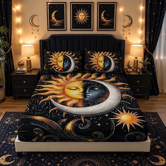 Sun and Moon Bedding Set Twin Size,1 Fitted Sheet + 2 Pillowcases.