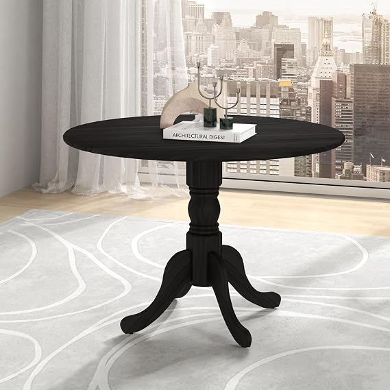 40-inch Round Dining Table, Mid Century Modern Kitchen Table with Circle Tabletop & Curved Trestle Legs, Pedestal Dinette Table for 4, Leisure Coffee Table for Bistro (Black)