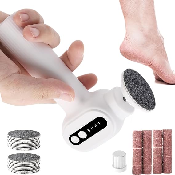 Electric Callus Remover for Feet - Rechargeable Cordless Pedicure Tool with 6 Speeds & 20 Sandpaper Discs, Professional Dead Skin Remover for Cracked Heels,Electric Foot File(White)