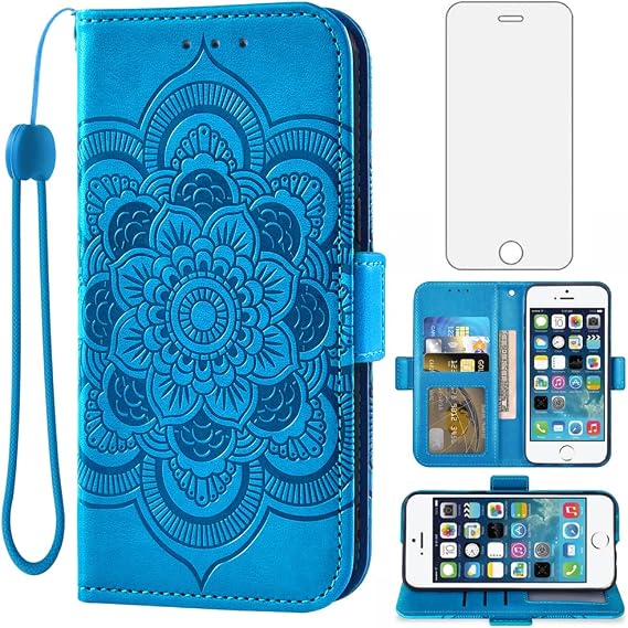Compatible with iPhone 5S 5 SE 2016 5SE Wallet Case and Tempered Glass Screen Protector Flip Cover Card Holder Cell Phone Cases for iPhone5 iPhone5s iPhoneSE iPhone6se i 6SE iPhone5se Women Men Blue
