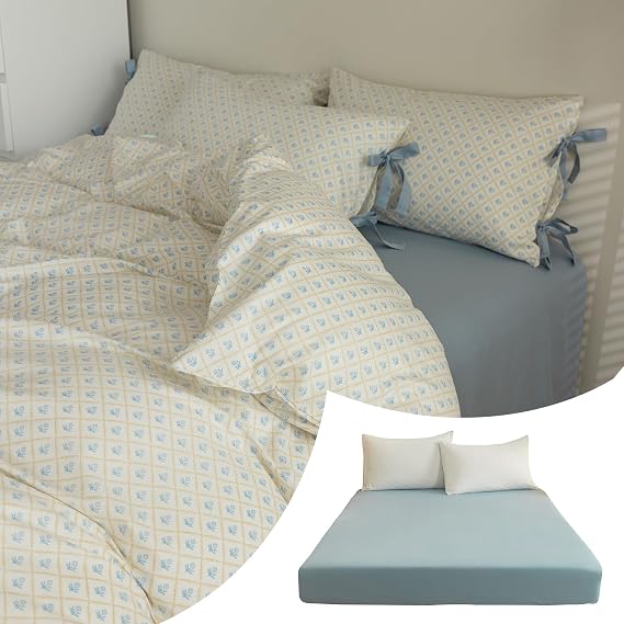 VM VOUGEMARKET 3 Pieces Flower Duvet Cover Set + 1 Green Fittedd Sheet
