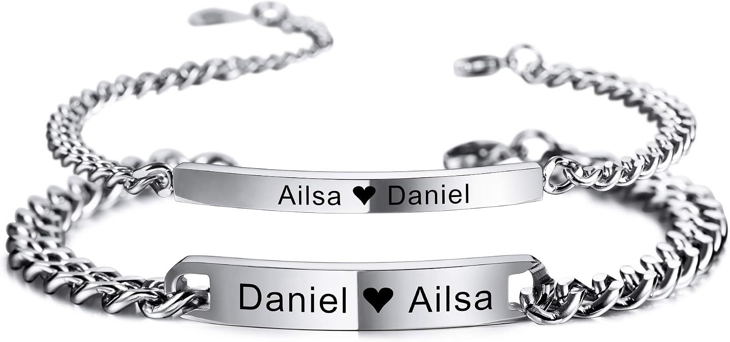 MeMeDIY Personalized Couple Bracelets Set Custom Engraving Name/Date for Men Women Boyfriend Girlfriend Stainless Steel Adjustable Ankle Curb Link Love Relationship Valentine's Gift