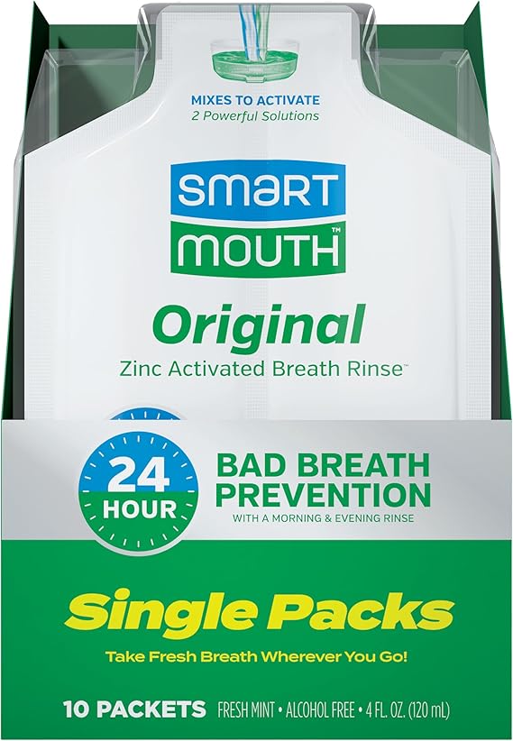SmartMouth Original Zinc Activated Mouthwash Single Packs, Mint, 10 Count | Travel-size Zinc-Activated Mouthwash Packets That Eliminate Bad Breath and Odors, Alcohol-Free and Fluoride-Free