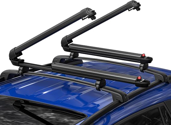 BougeRV Lockable Ski & Snowboard Racks, Extension with Sliding Feature, 28'' Fits 6 Pairs Skis or 4 Snowboards, Crab Mounting System Fits for Square/Aero/Oval Cross Bars