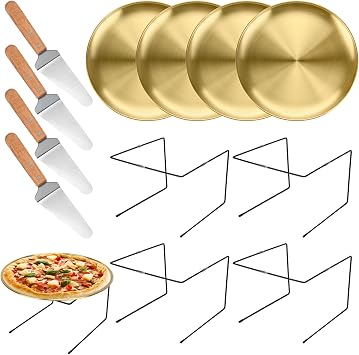 12-Piece Pizza Pan Riser Stand Set Includes 4 Metal Pizza Table Stands + 4 Pizza Pans 11.8in + 4 Wood-Handled Pie Servers, Perfect for Weddings, Birthdays, Christmas & Home Restaurant Party