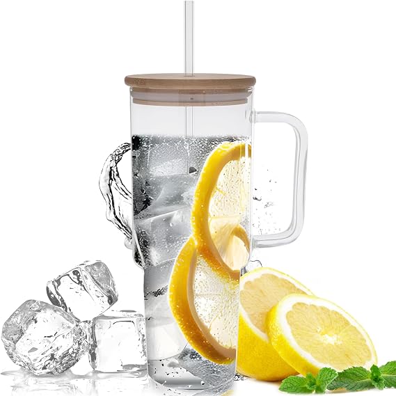 Hobby Lobby Jumbo Clear Glass Tumbler With Straw And Bamboo Lid 40 Oz