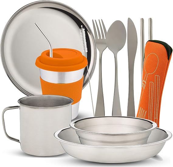 10-Piece Camping Dish Set - Stainless Steel Camp Mess Kit with Mesh Bag for Camping, Backpacking, Hiking - Complete Camping Dinnerware Set with Cup, Plate, Bowl, and Cutlery (with Zipper Cutlery Bag)