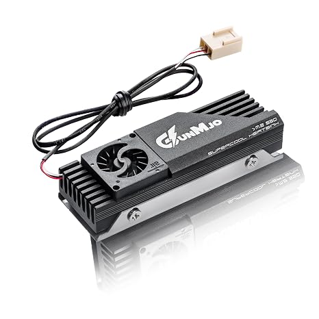 GUNMJO M.2 2280 SSD Heatsink, 20mm Built-in Cooling Fan, Aluminum Plate-Fin Design, with Thermal pad for AI and Gaming PC, Black