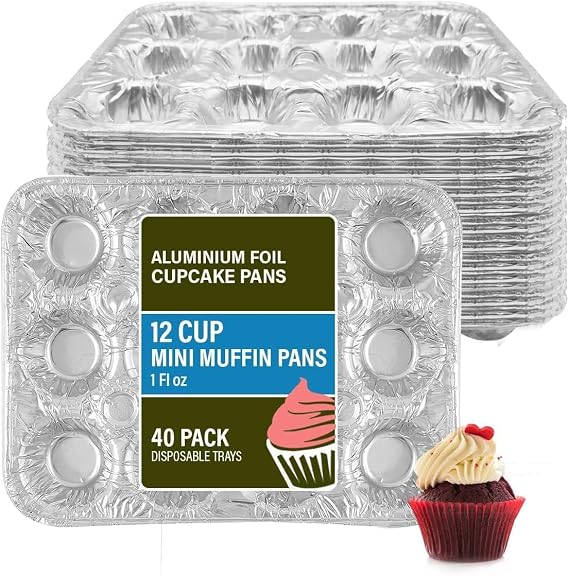 PARTY BARGAINS 12-Cup Aluminum Mini-Muffin Pans - 40 Pack, Mini Cupcake Pans, Disposable Mini-Muffin Tin for Baking (Max 240C)