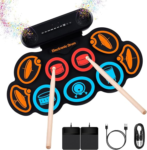 Electronic Drum Kit 9 Pads Rolling Electric Drum Pad Kits Machine with Headphone Connection 10 Hours Playtime 2 Built-in Speakers (Colourful)