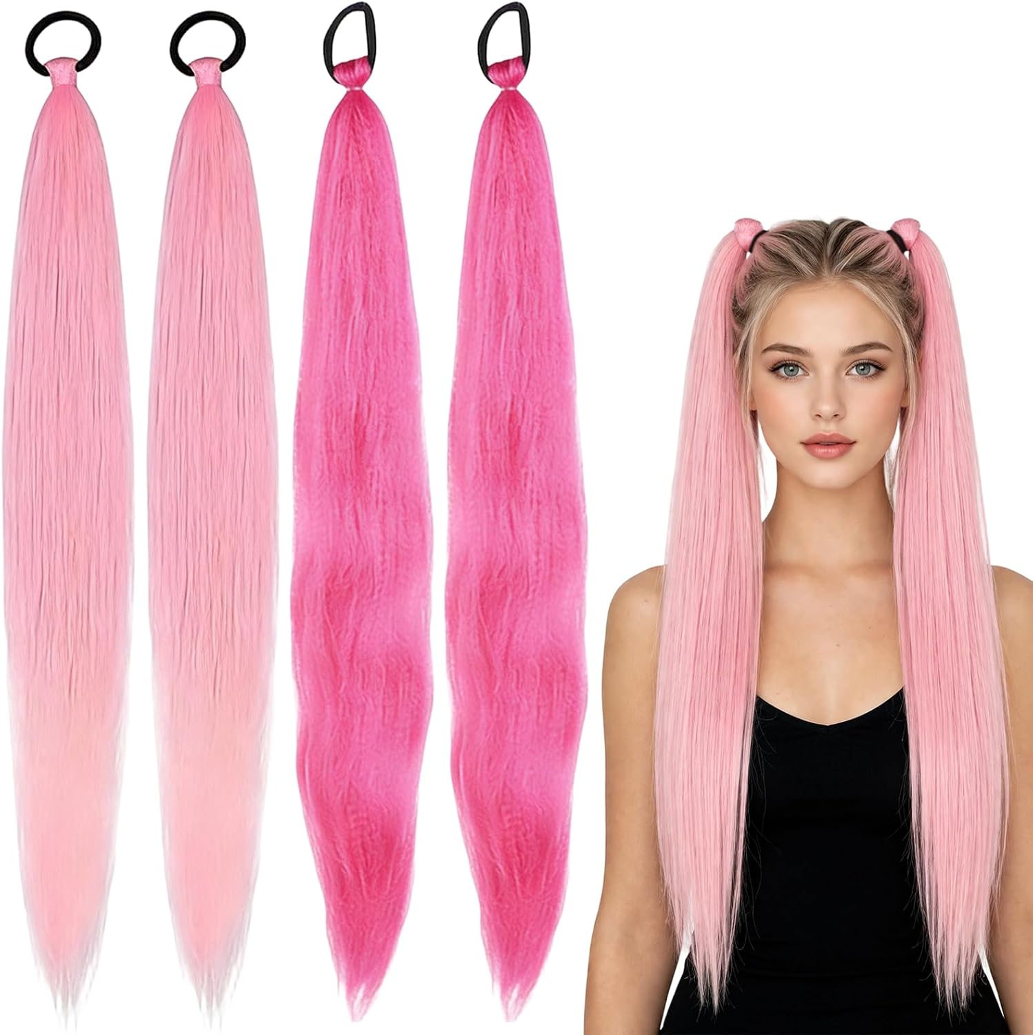2 Pairs Pink Hair, Pink Hair Extensions, Braiding Hair Extensions Hair, Braiding Hair with Elastic, Use Comfortable for Women and Girls, Stage, Party, HalloweenCostume, Cosplay, Festival