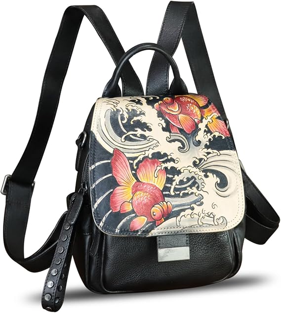 Genuine Leather Backpack for Women Hand Painted Knapsack Purse Designer Handmade Rucksack Casual Daypack (Pattern2)