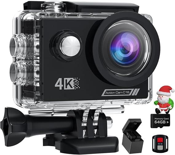 Action Camera 4K30FPS with 64G SD Card 131FT UnderwaterCamera,20MP Sports Camera 170 Waterproof Camera with WiFi,Remote Control,Mounting Kit