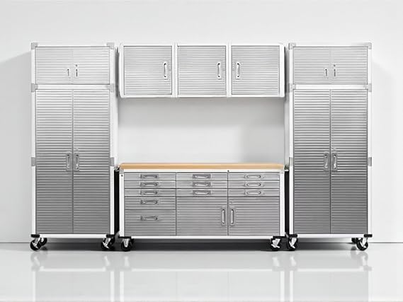Heavy Duty 8-Piece Steel Garage Cabinet Storage Set with Rolling Workbench, 12 Feet Wide (White)