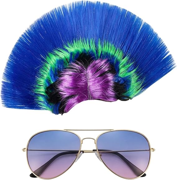 2-Piece Mohawk Wig with Sunglasses, 80s Rocker Punk Costume Set - Rainbow Blue Mohican Hairpiece, Cyberpunk Accessories for Music Festival, Cosplay & Funny Dress-Up