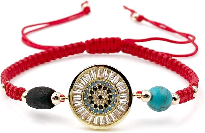 Lucky Charms Evil Jet Stone and Turquoise Bead Bracelet Braided with Red String for Women Protection