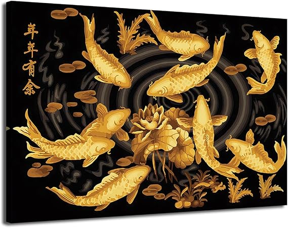 Lucky Gold Nine Koi Fish Animal Painting Wall Art Feng Shui Koi Fish Painting Posters Prints Picture for Office Living Room Home Decor (20x30inch,Framed - Ready to Hang)
