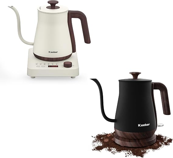 Electric Gooseneck Kettle Bundle Set - 2 x 0.8L, 6 Temp Presets, 1000W, Stainless Steel, Beige & Black