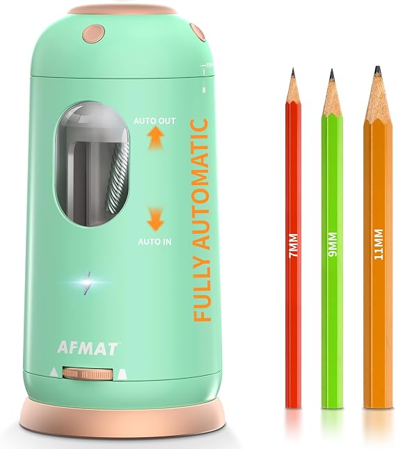 AFMAT Fully Automatic Pencil Sharpener, Portable Electric Sharpener for Coloured Pencil 7-11.5mm, Auto Stopped, Ringdots Electric Pencil Sharpeners for Home Office School Classroom Kids Use,Green PSC8