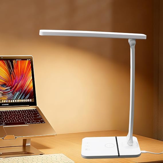 LED Desk Lamp for Home Office, Desk Lamps with USB Charging Port, Adjustable Dimmable Study Lamp 3 Modes Stepless Brightness, 10 Minutes Timer, Desk Light for Bedroom (White)