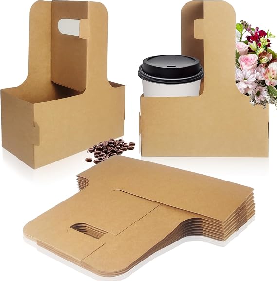 2 Cup Drink Carrier with Handle, 8 Pcs Brown Cardboard Cup Holders, Disposable Cup Carriers for Drinks Coffee or Food Delivery, Take Out Cup Carriers (Brown, 8 Pcs)