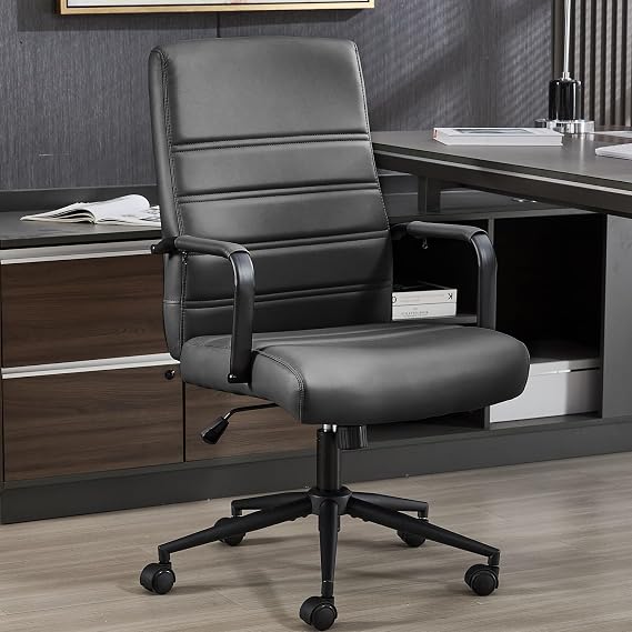 Office Desk Chair Leather, Conference Room Chairs with Wheels, Modern Executive Office Chairs Adjustable Height, Ergonomic Swivel Rolling Ribbed Computer Chair(Matte Black)