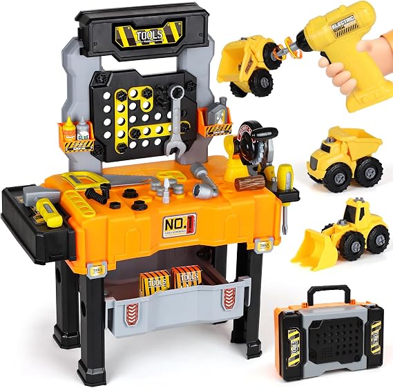 Lehoo Castle Kids Tool Bench with Electric Drill & Take Apart Vehicles | Workbench & Tool Box 2-in-1, STEM Learning Toys for 2-3 Years Old Toddler Boys & Girl