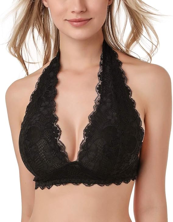 Floral Lace Halter Bra Bralette Top Hook and Eye Closure Back Unpadded Wirefree Lace Bra