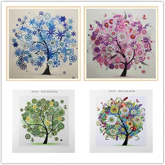 DIY 5D Diamond Painting by Number Kits Diamond Art Special Shape Rhinestones for Adults Beginner Colourful Four Season Tree Home Wall Decor 11.9x11.9 Inch (4 pcs)