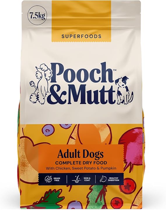 Pooch & Mutt - Adult Superfood Complete Dry Dog Food, Chicken, 7.5kg | Regular Sized Kibble, For Adult Dogs, Grain Free, Complete Dog Food, Packaging May Vary