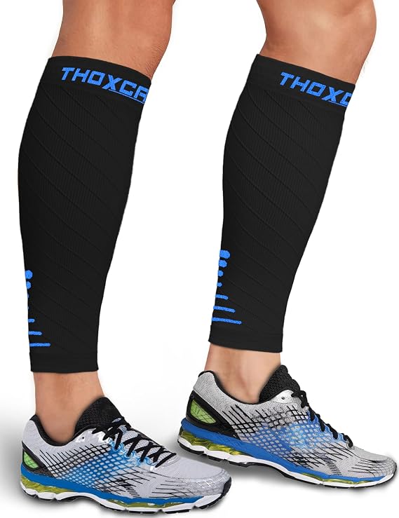 Calf Compression Sleeve for Men Women (1 Pair), Leg Support Footless Compression Socks for Running - Shin Splint Varicose Veins Swelling & Pain Relief, Black/Blue, Small