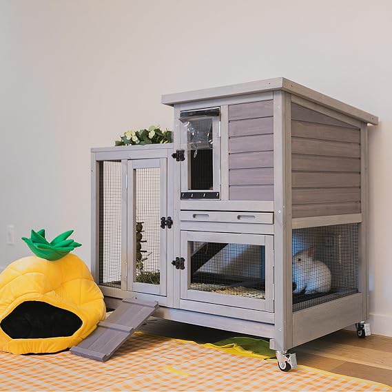 Aivituvin Rabbit Hutch Bunny Cage Indoor and Outdoor, Two Story Guinea Pig Cage on Wheels with 2 Deeper No Leakage Trays (Grey with Movable Bottom Wire Mesh)